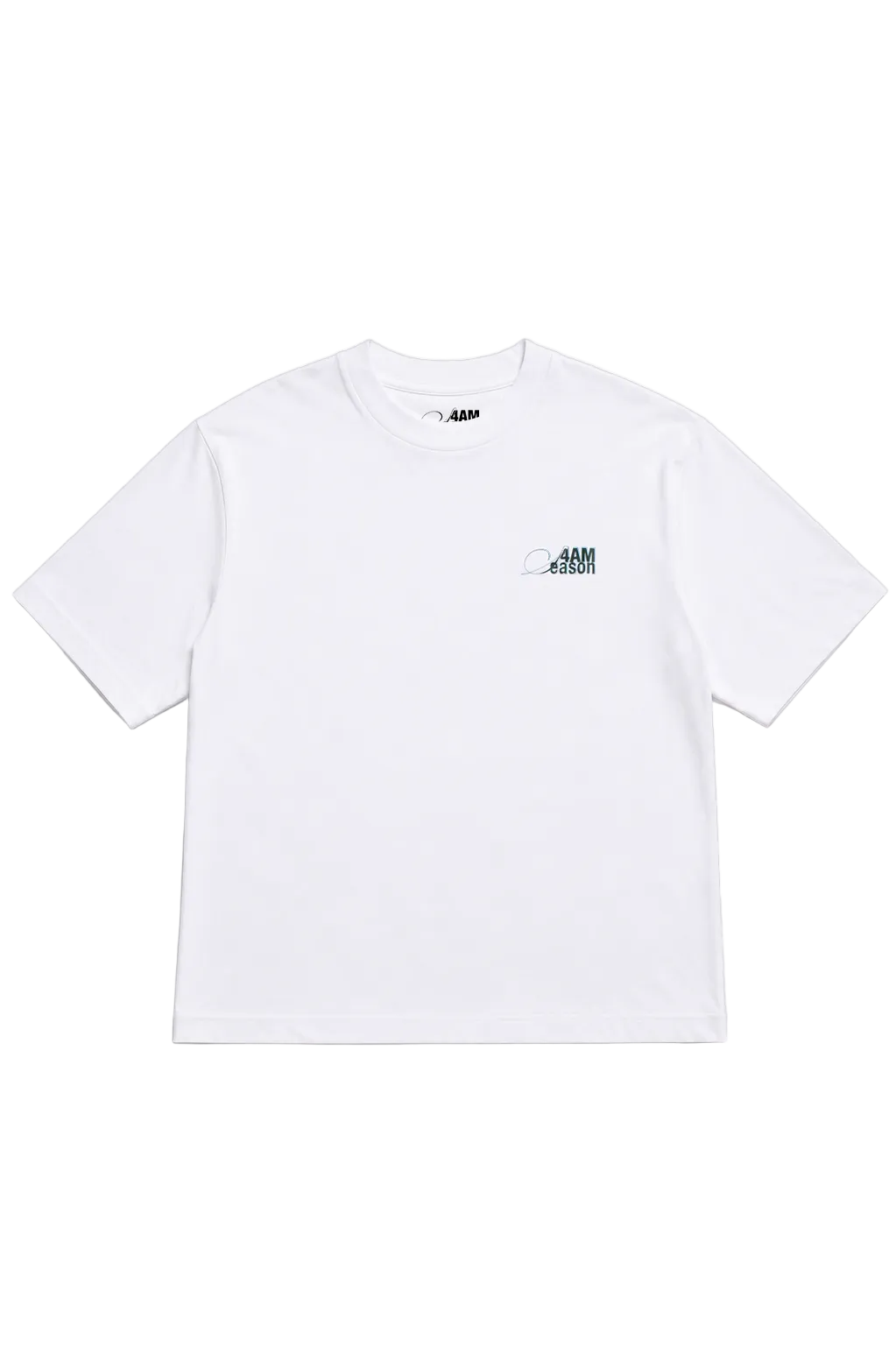 Fronte della t-shirt oversize bianca UNTIL EVERYTHING LOOKS LIKE THIS di 4AM Season con piccolo logo verde sul petto