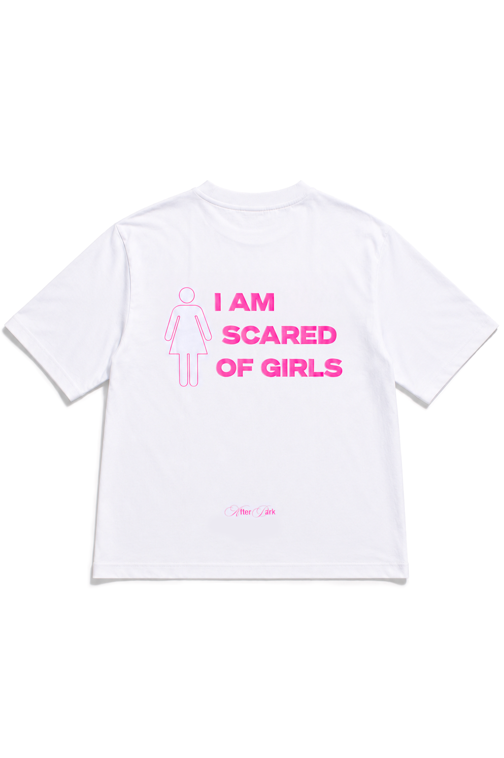 Retro della t-shirt oversize bianca I AM SCARED OF GIRLS di 4AM Season con grafica rosa stampata sul retro