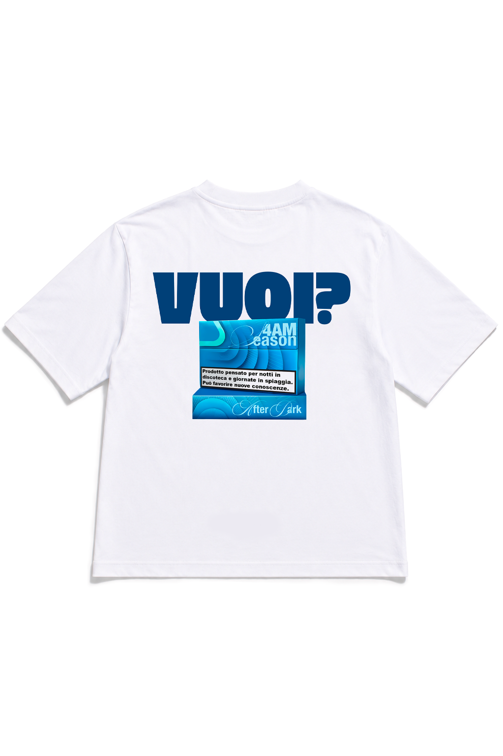 Retro della t-shirt oversize bianca VUOI? di 4AM Season con grafica azzurra stampata sul retro