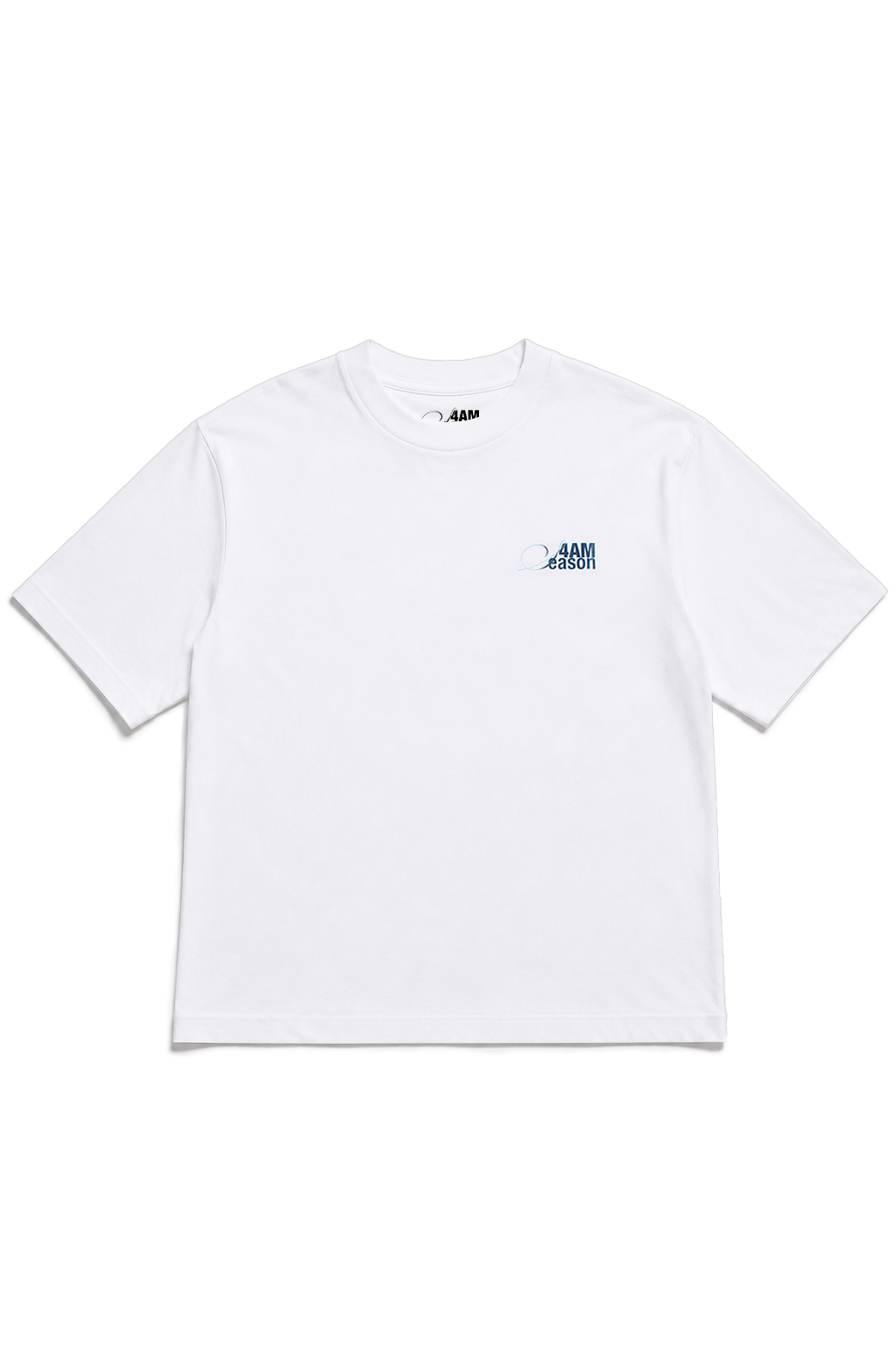 Fronte della t-shirt oversize bianca I TOLD CHATGPT ABOUT YOU di 4AM Season con piccolo logo sul petto